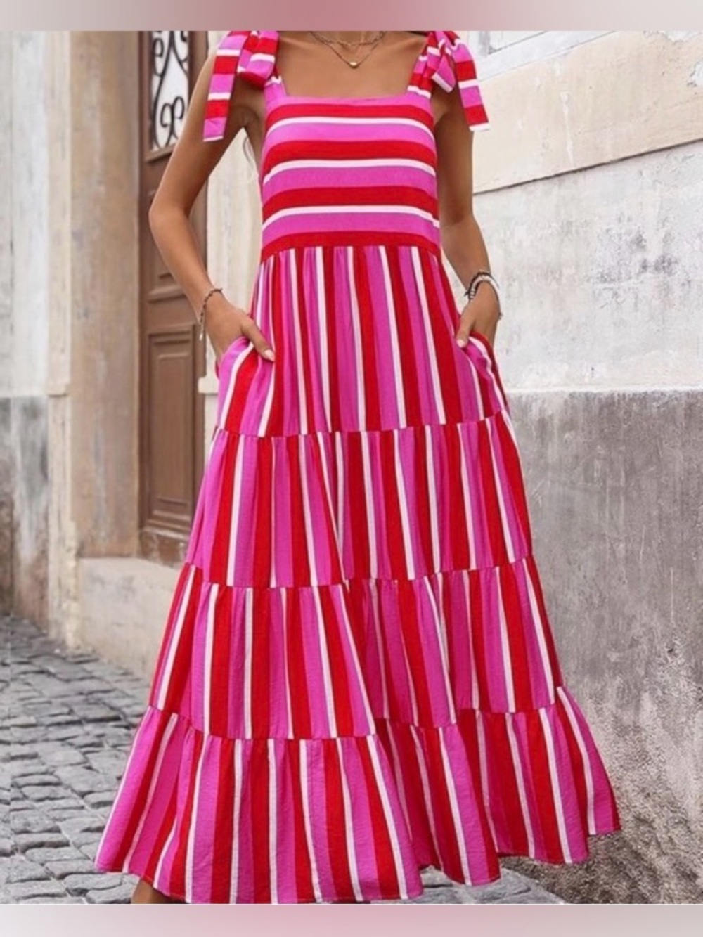Sleeveless Pink Red Striped Tiered Maxi Dress with Tie Straps